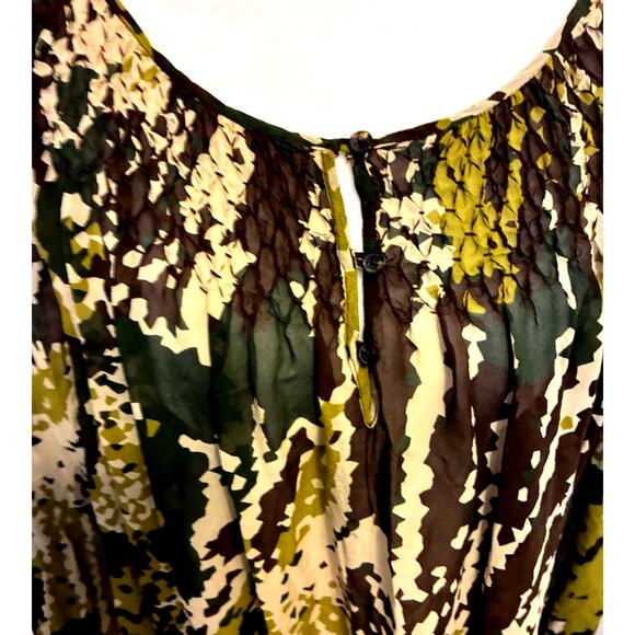 Michael Kors 100% Silk green camo print blouse 3X plus size ruched neckline Boho - Picture 2 of 16